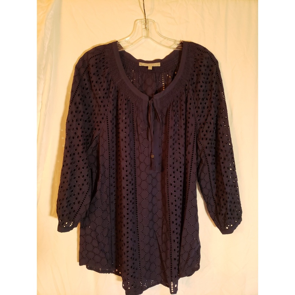 Women's Daniel Rainn Navy Eyelet Long Sleeve Blouse Size XXL